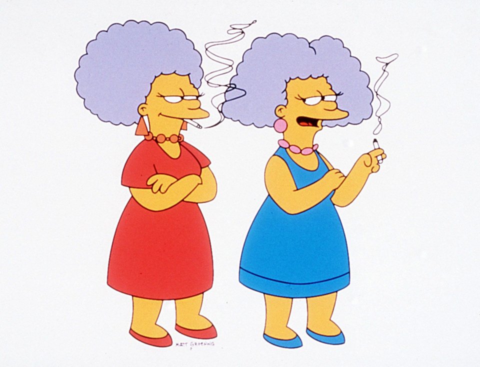 Illustration of Selma and Patty Bouvier, Marge Simpson's sisters, smoking.