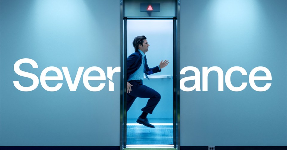 A man in a suit runs through an elevator, the word "Severance" on the wall.
