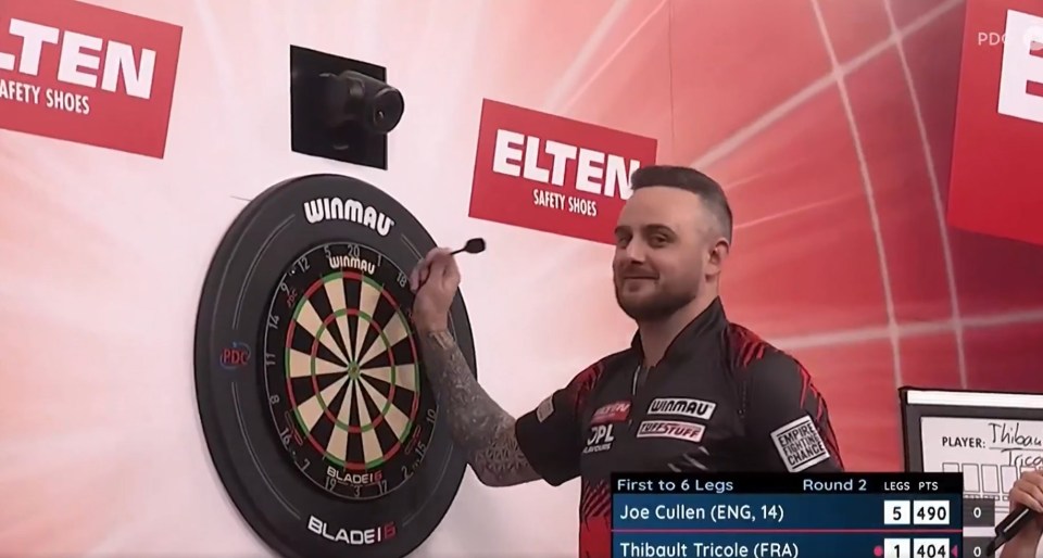 A darts player throwing a dart at a dartboard.