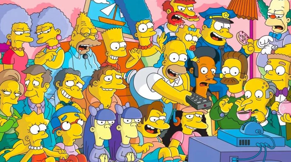 Illustration of the Simpsons family and friends watching TV.