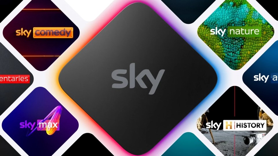 Sky Q box with channel logos.