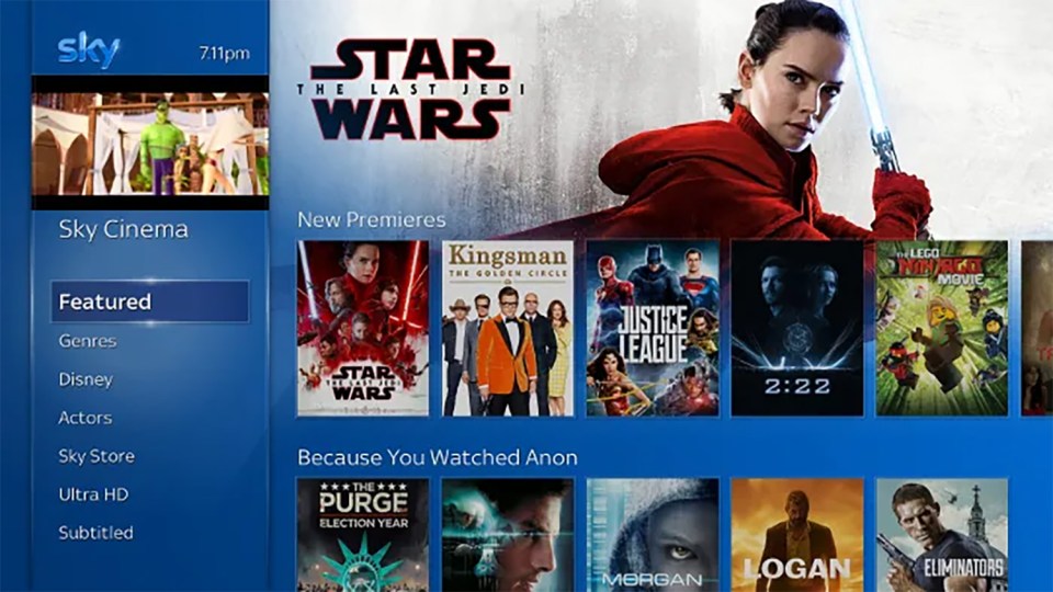 Sky Cinema guide showing featured movies and options to browse by genre, actor, etc.