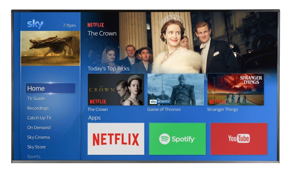 Sky TV home screen showing Netflix, Spotify, and YouTube apps, and top picks including The Crown, Game of Thrones, and Stranger Things.