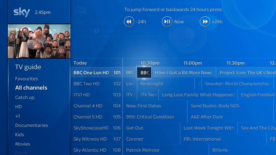 Sky TV guide showing channel listings and program schedule.