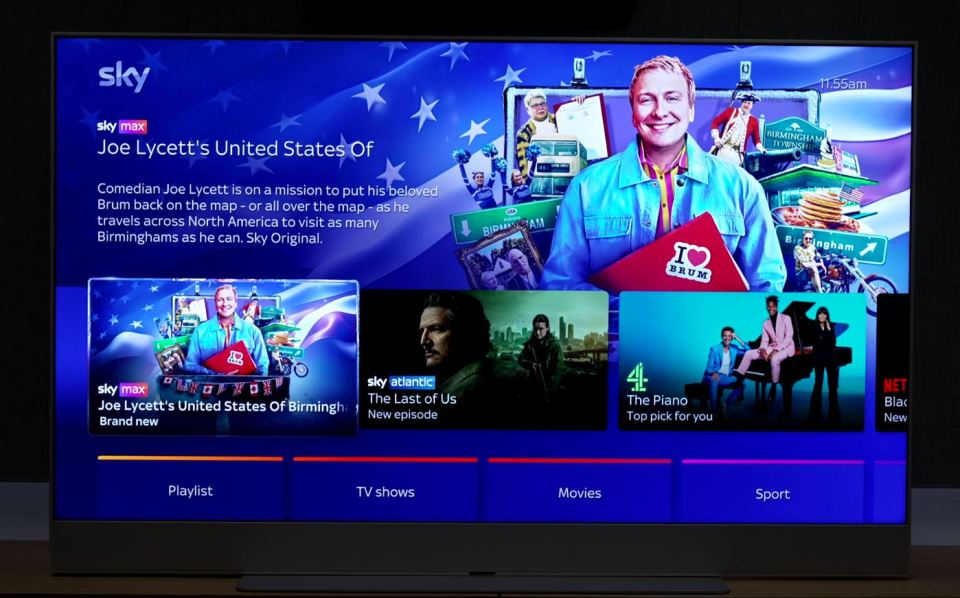 Sky TV screen showing Joe Lycett's United States Of Birmingham, The Last of Us, The Piano, and other programming.