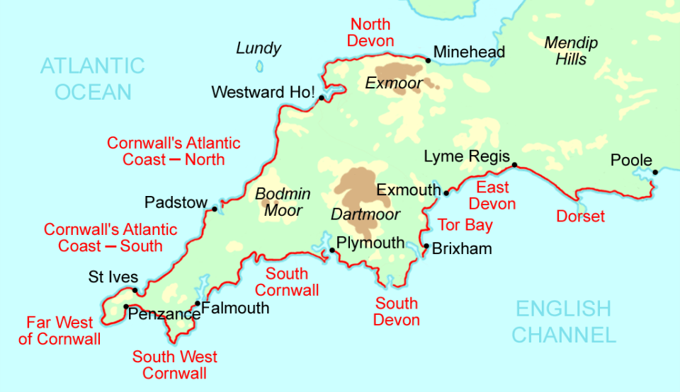 Map of the South West Coast Path in England.