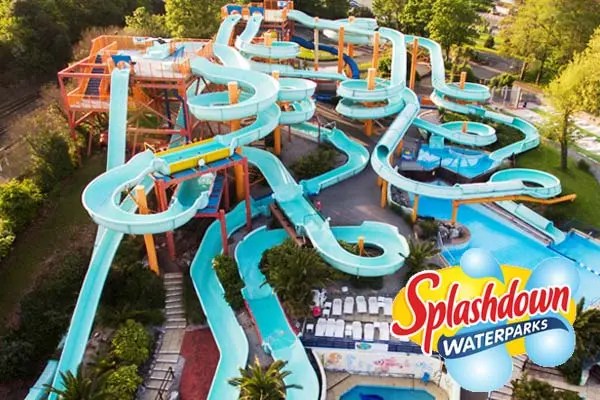 Aerial view of Splashdown Waterparks with numerous water slides.