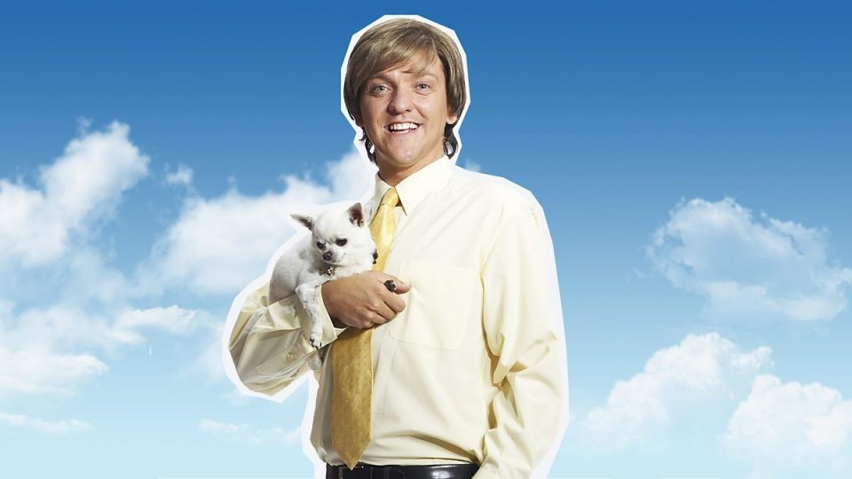 Man holding a small white dog against a blue sky.