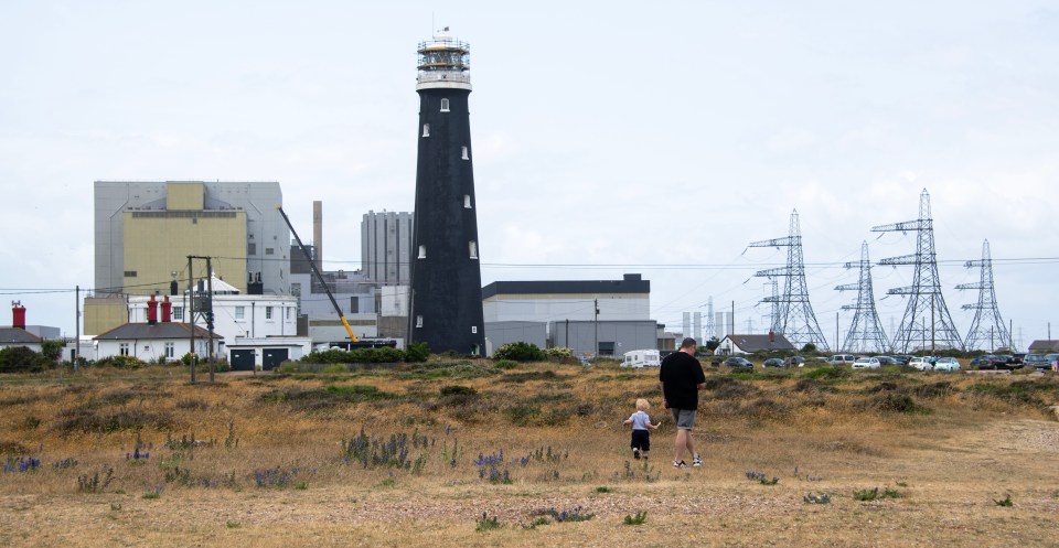 A man and child walk across a field toward a lighthouse, power plant, and power lines.
