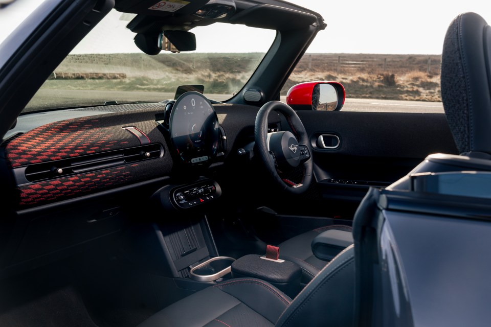 Interior view of a Mini Cooper convertible.