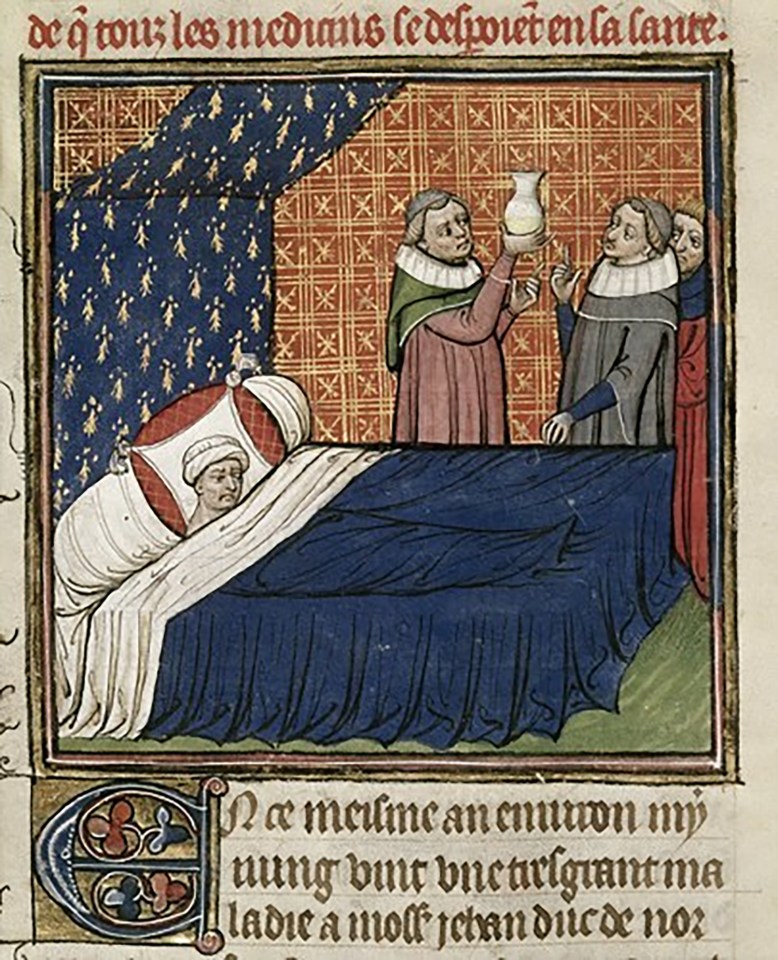 Illustration of medieval physicians tending to a sick person in bed.