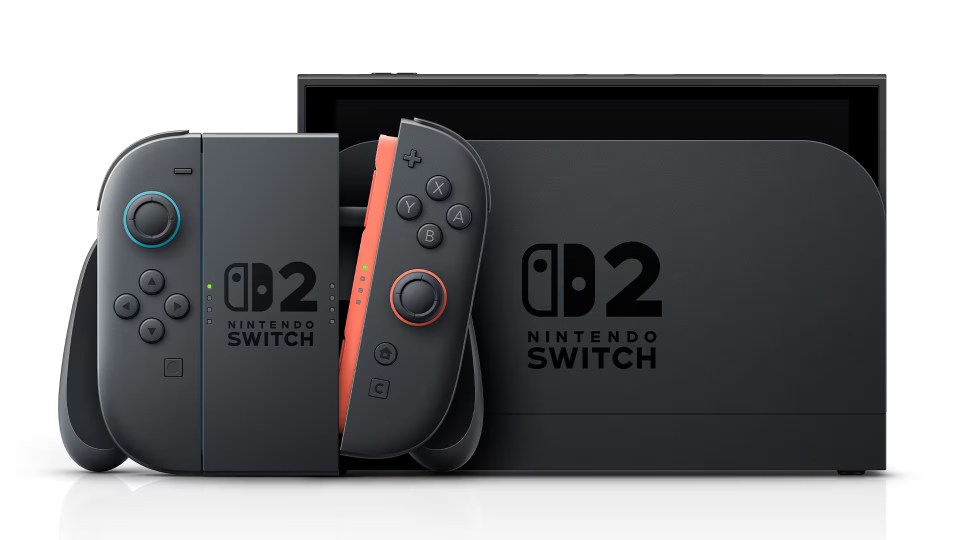 Nintendo Switch OLED model with controllers in its box.
