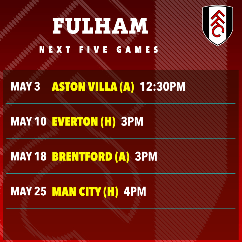 Fulham's next five games schedule.