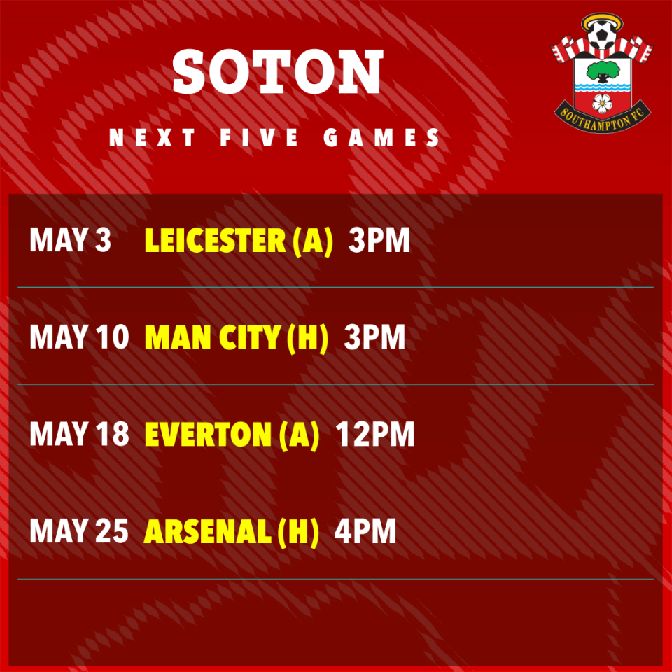 Southampton's next five games: Leicester (A), Man City (H), Everton (A), Arsenal (H).