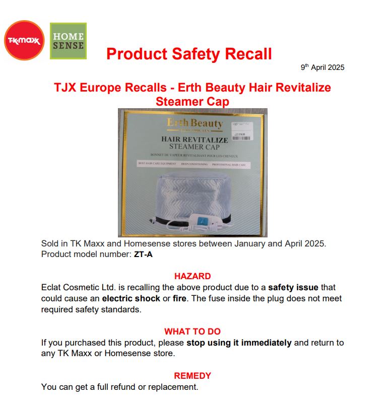 Recall notice for Erth Beauty Hair Revitalize Steamer Cap due to electric shock hazard.