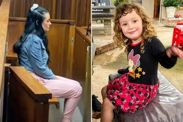 An image collage containing 2 images, Image 1 shows Amber Hughes on trial for allegedly murdering her boyfriend's daughter, Image 2 shows Photo of Nada-Jane