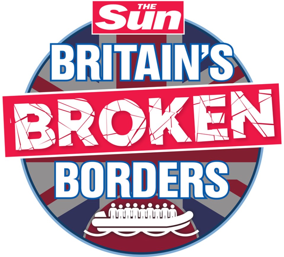 Illustration of The Sun newspaper logo with the text "Britain's Broken Borders" and a small image of a raft with people.