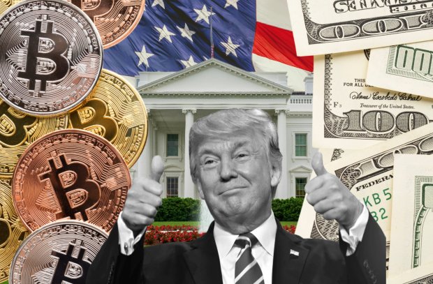 Collage of Donald Trump giving thumbs up, Bitcoin, US dollars, and the White House.