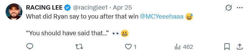 Tweet showing a conversation between Racing Lee and Ryan.
