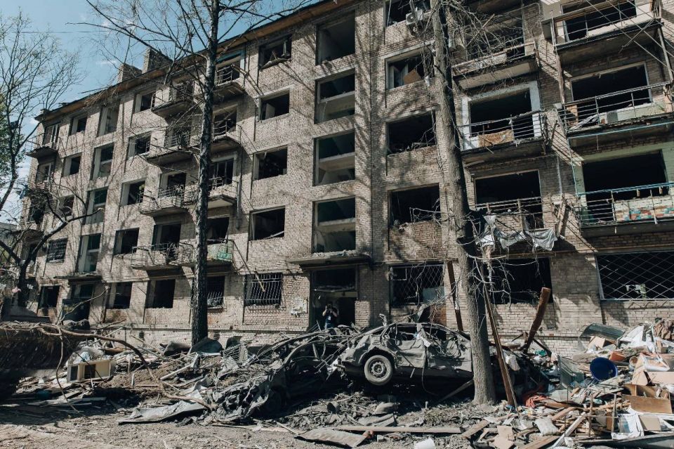 Damaged residential building in Kyiv, Ukraine, following a Russian attack.