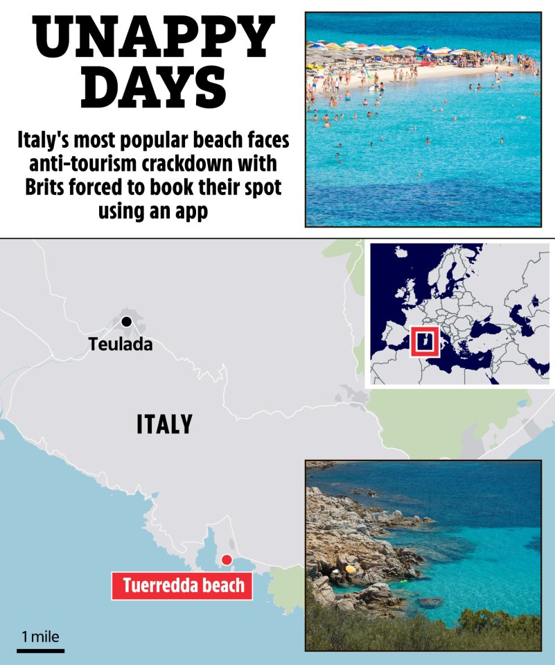 Illustration of Tuerredda beach in Italy, showing its location on a map and crowded beach scene, with text about anti-tourism measures.