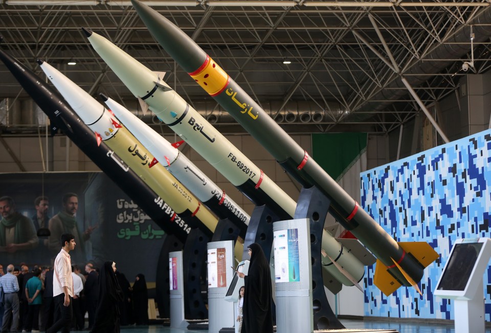 Iranian missiles on display at an exhibition.