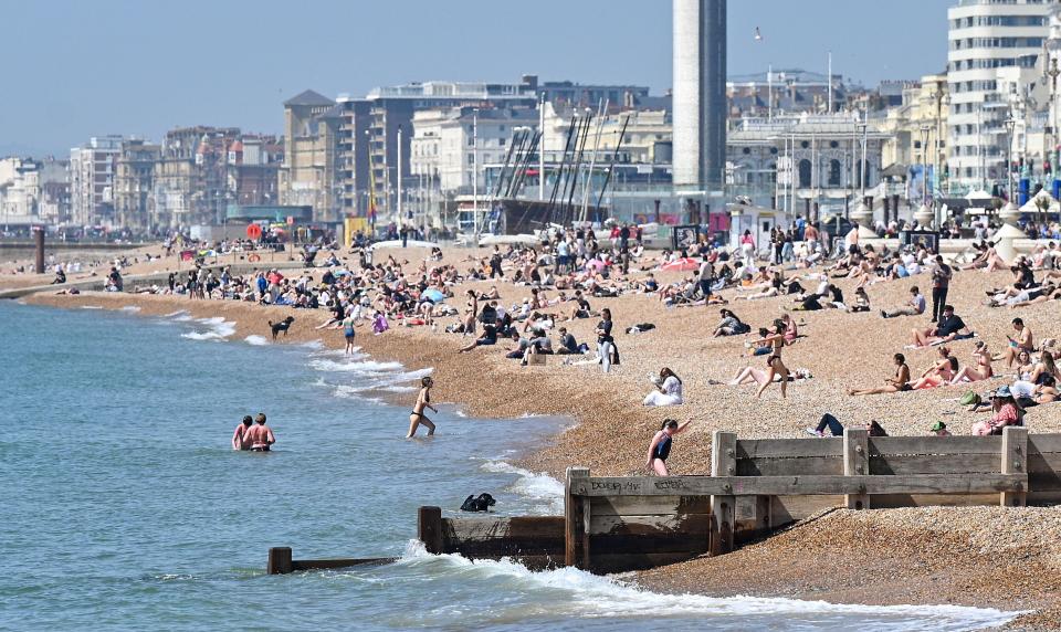 Crowded Brighton beach on a sunny day.