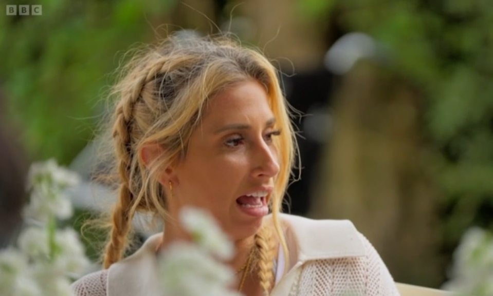 Stacey Solomon reacting during an argument with Joe Swash at their anniversary dinner.