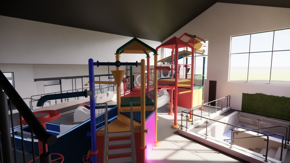 Illustration of an indoor children's play area with water features.