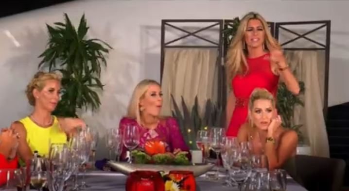 Screenshot of four women at a dinner table; one woman stands and gestures.