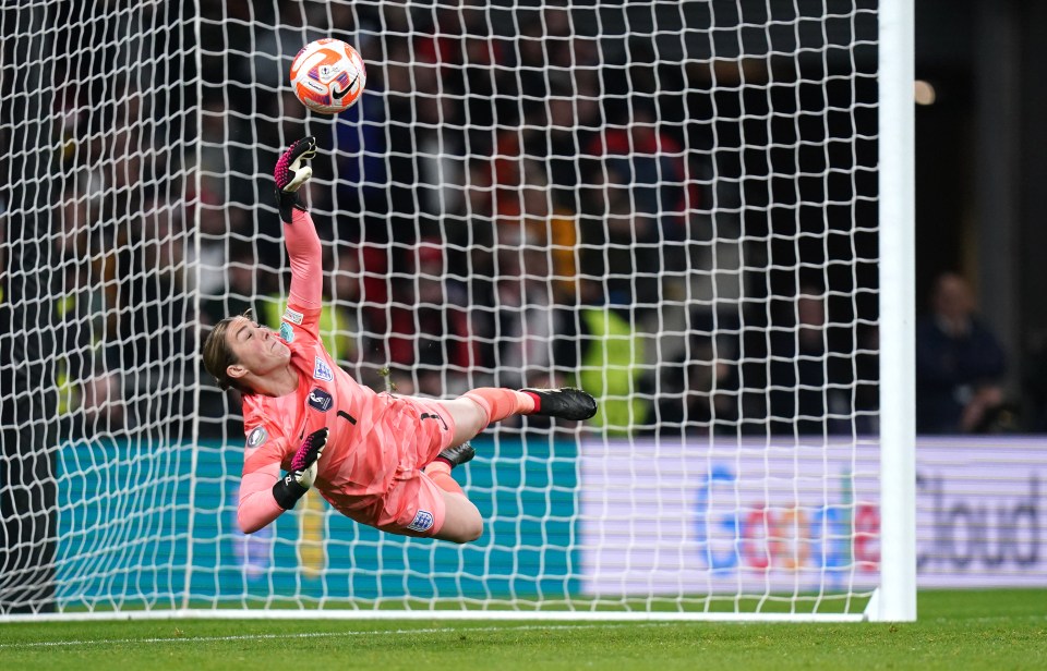 Mary Earps, England's Euro 2022-winning goalkeeper, making a save.