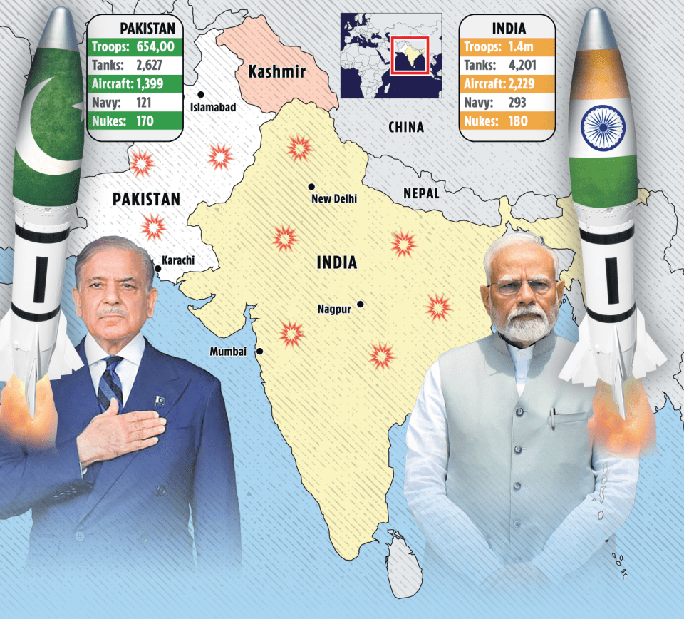 Illustration of India-Pakistan map showing military assets and leaders.
