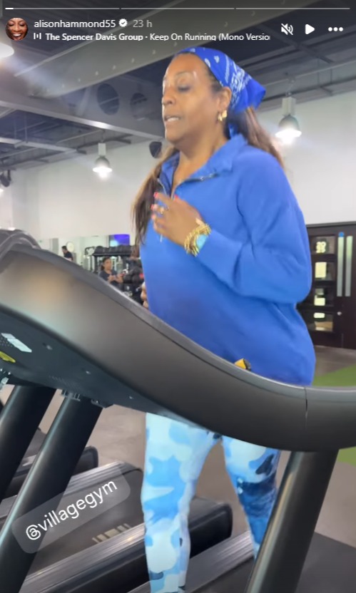 Alison Hammond on a treadmill at the gym.