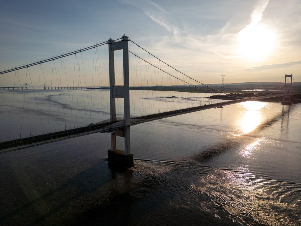 Aerial view of the Severn Bridge at sunset.