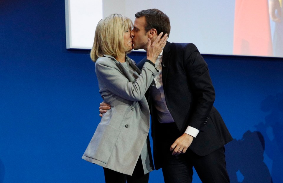 Emmanuel Macron kissing his wife Brigitte Trogneux after the first round of the French presidential elections.