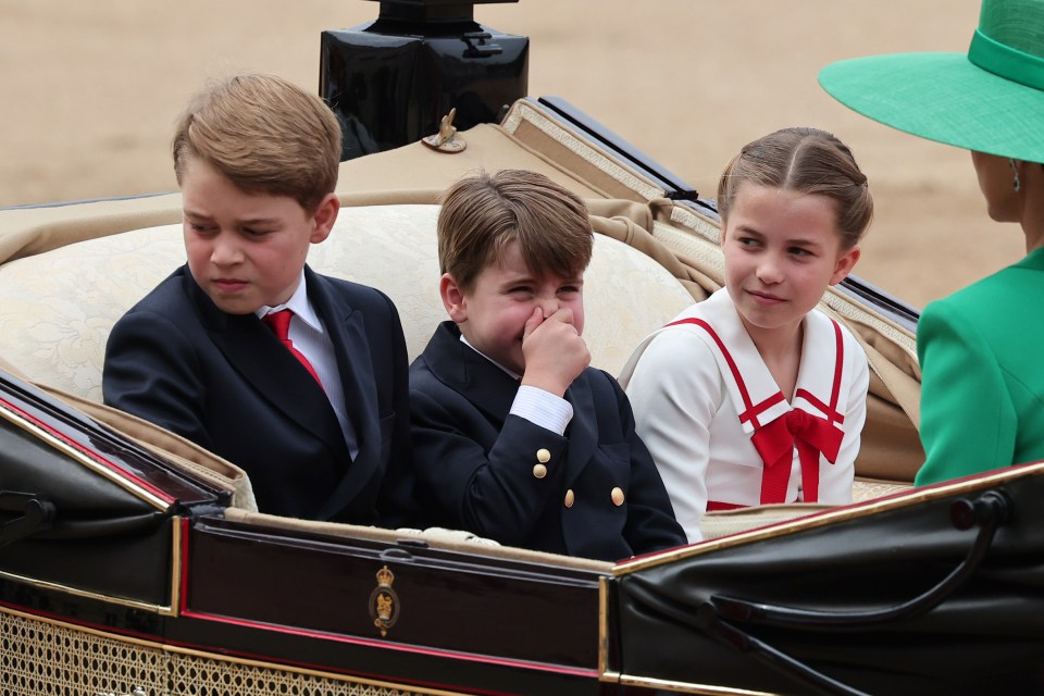 Prince George, Princess Charlotte, and Prince Louis of Wales riding in a carriage at Trooping the Colour.