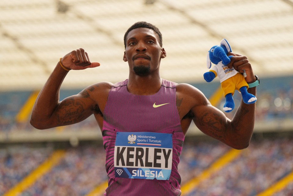Fred Kerley of the U.S. celebrates winning the men's 100m.
