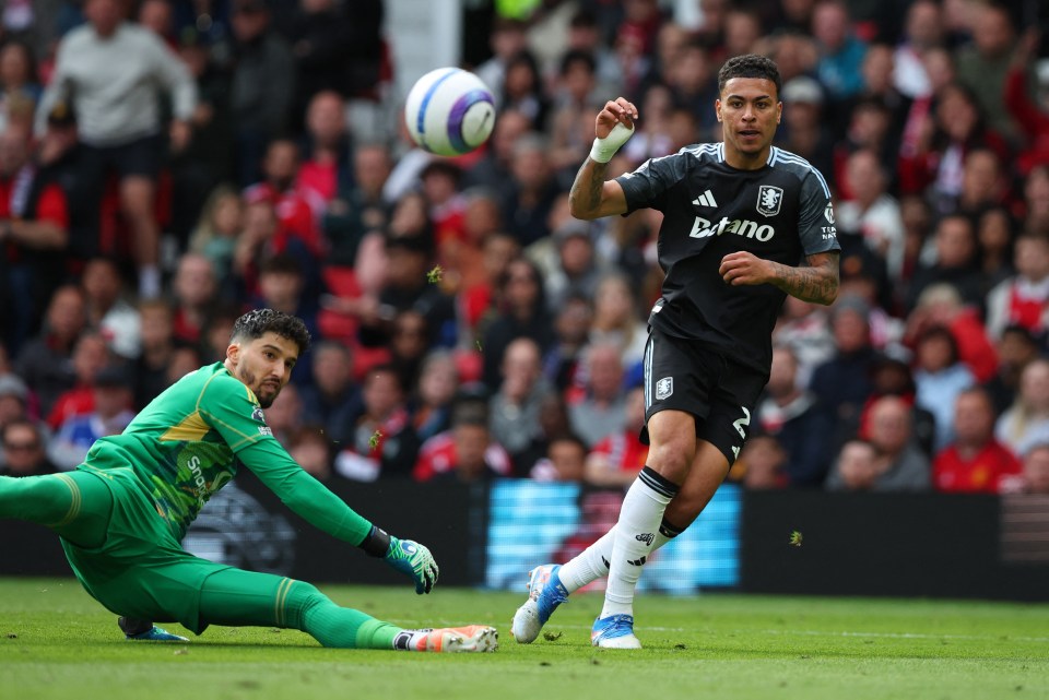 Aston Villa's Morgan Rogers shoots at goal during a soccer match.