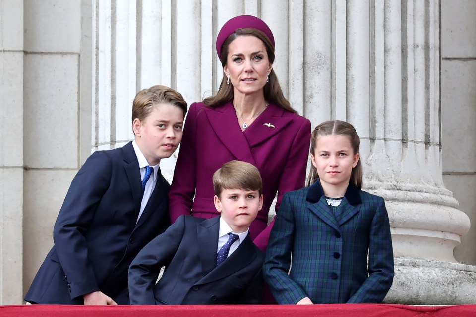 Catherine, Princess of Wales, with Prince George, Prince Louis, and Princess Charlotte on the Buckingham Palace balcony.