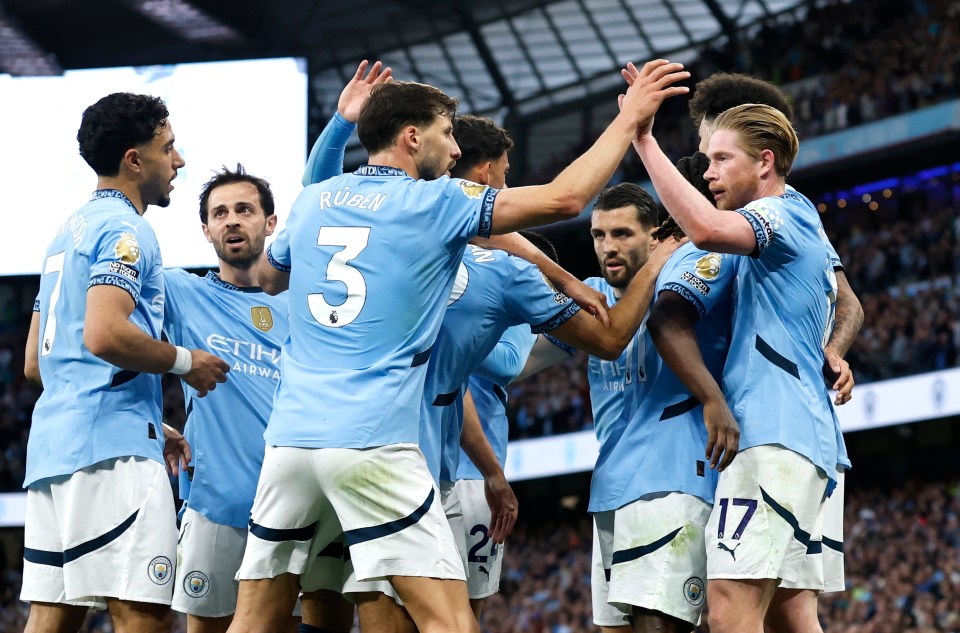 Manchester City players celebrating a goal.