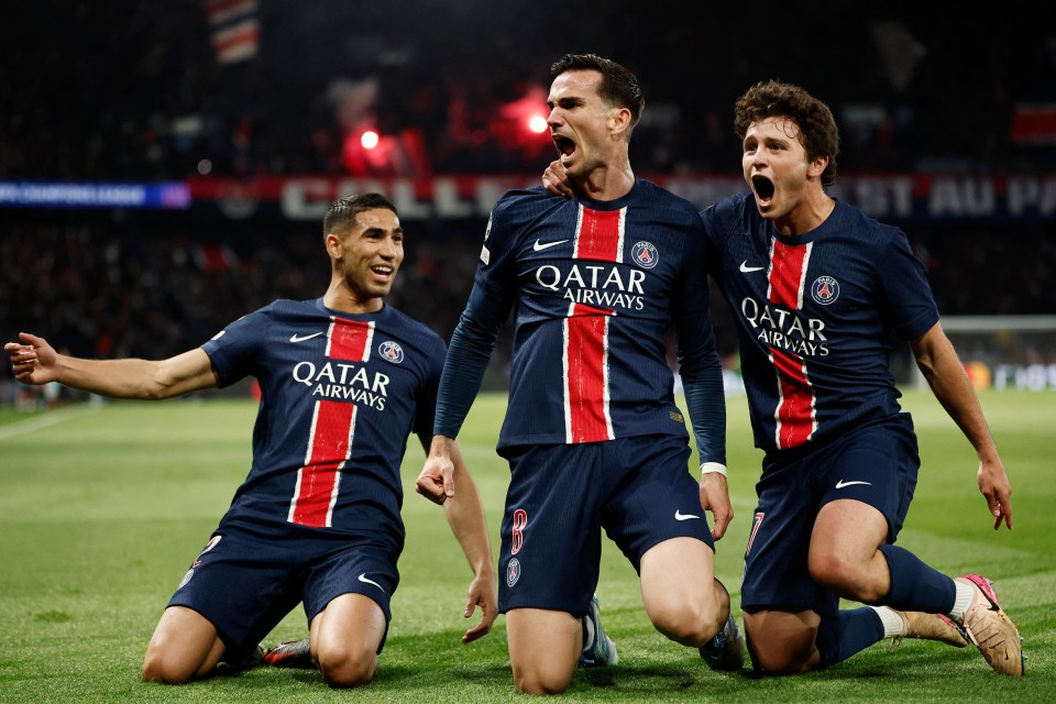 Paris St Germain players celebrating a goal.