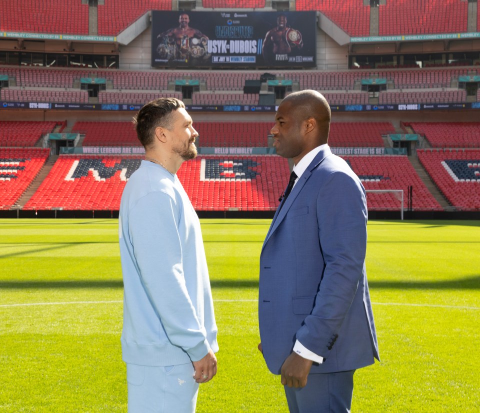 Oleksandr Usyk and Daniel Dubois at Wembley Stadium before their boxing match.