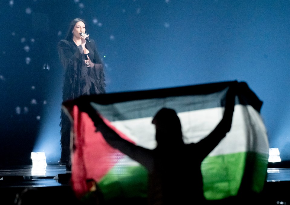 Protestor holding a Palestinian flag during an Israeli singer's Eurovision performance.