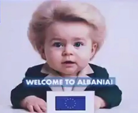 AI-generated image of a baby holding a sign that says "Welcome to Albania" at the European Political Community Summit.