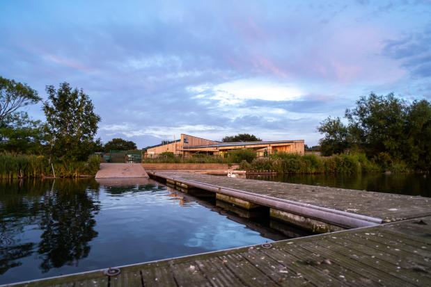 Kings Mill Reservoir cafe at sunset.