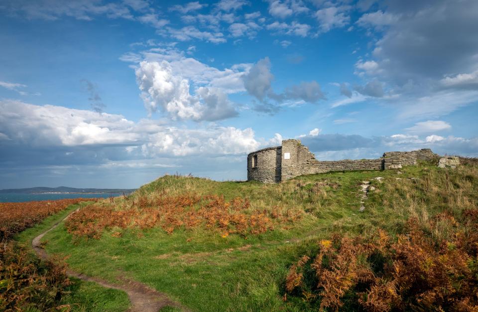 Ruins of a defensive sea battery in a coastal park.