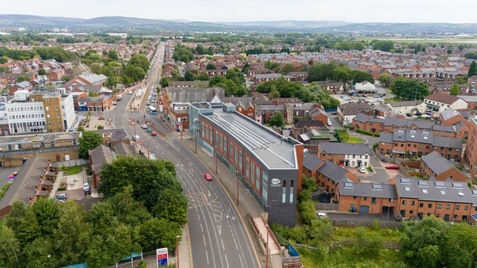 Aerial view of Droylsden town centre, Tameside.