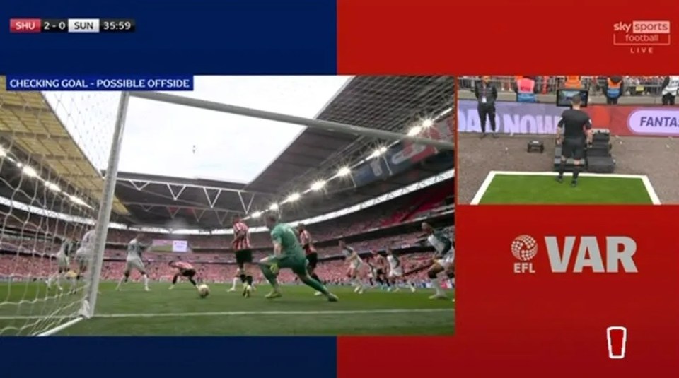 VAR review of a possible offside goal during a soccer match.