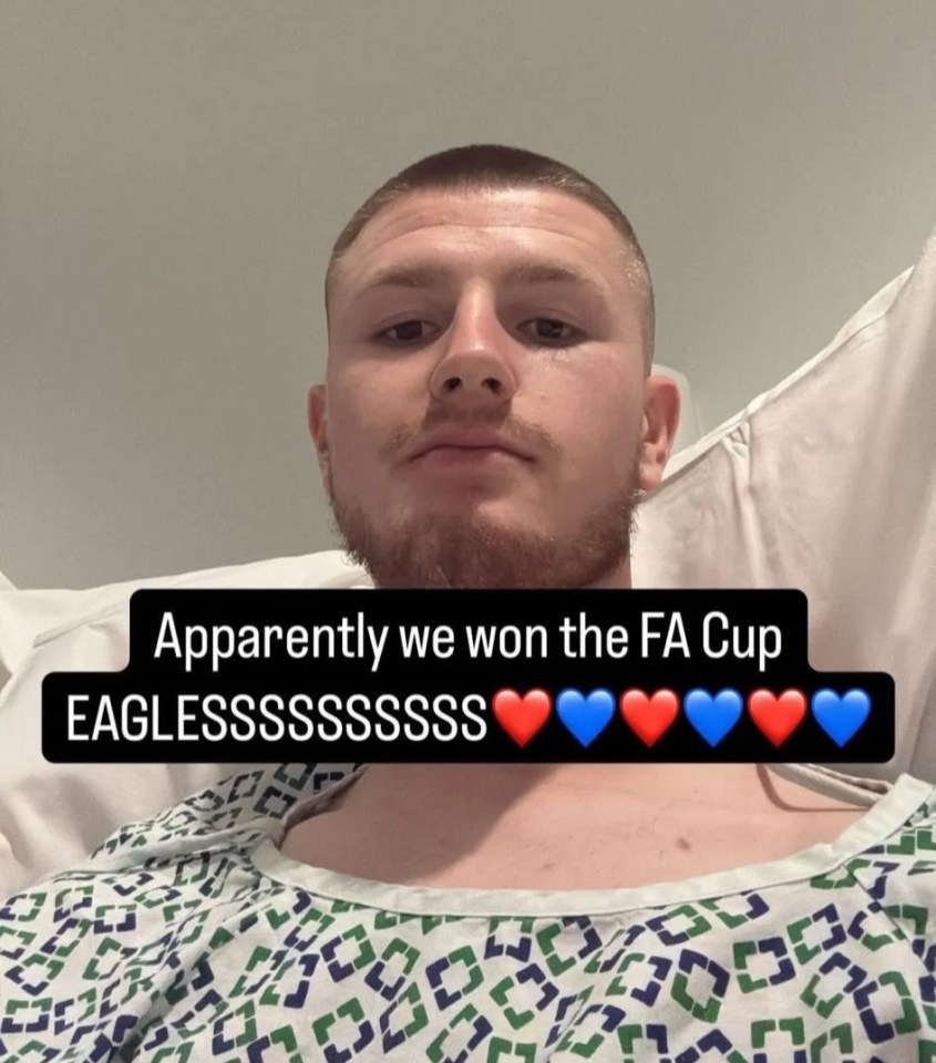 Man in hospital gown celebrating FA Cup victory.
