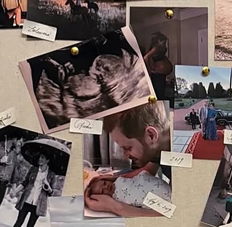 A corkboard collage of Prince Harry and Meghan Markle's photos and handwritten notes.